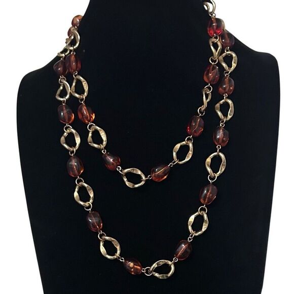 Double Strand Chunky Amber Necklace Women's Gold-tone Hammered Ring Link Chain - Picture 4 of 6